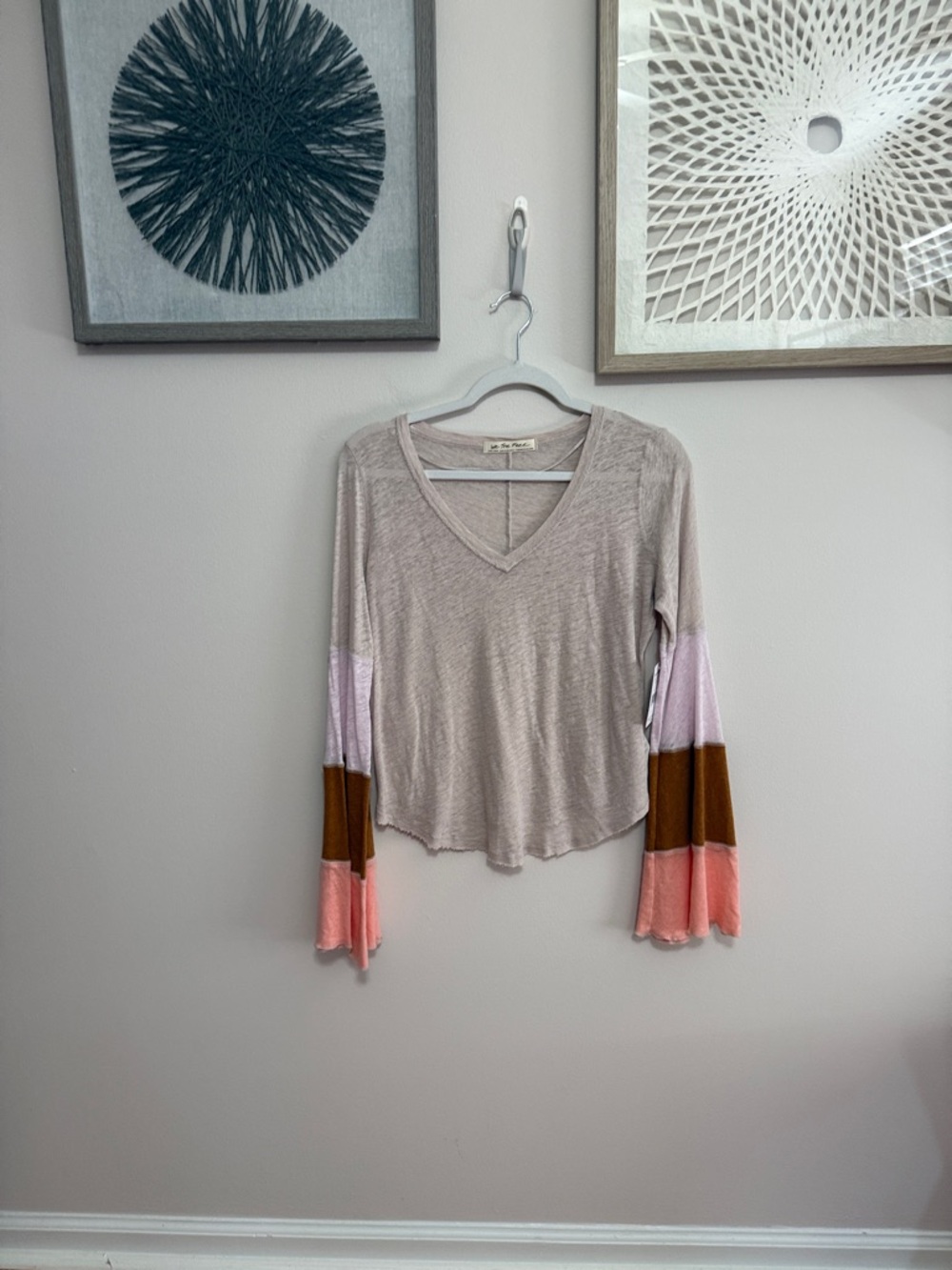 We The Free Taupe V-Neck Long Sleeve with Pink and Brown Colorblock Cuffs